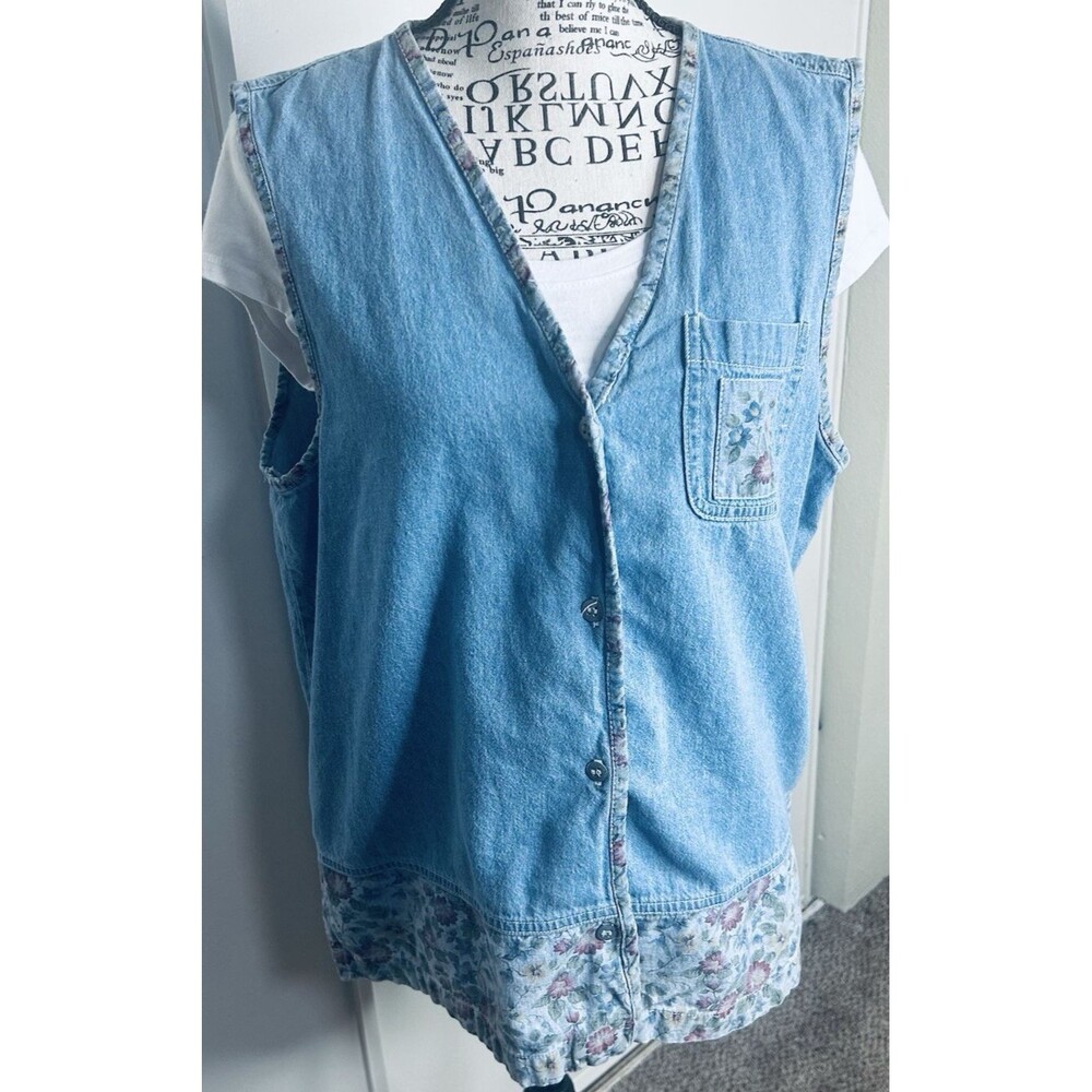 Vintage New Look 100% Cotton Scandi Girl Garden Girl Denim Floral Vest Size L
